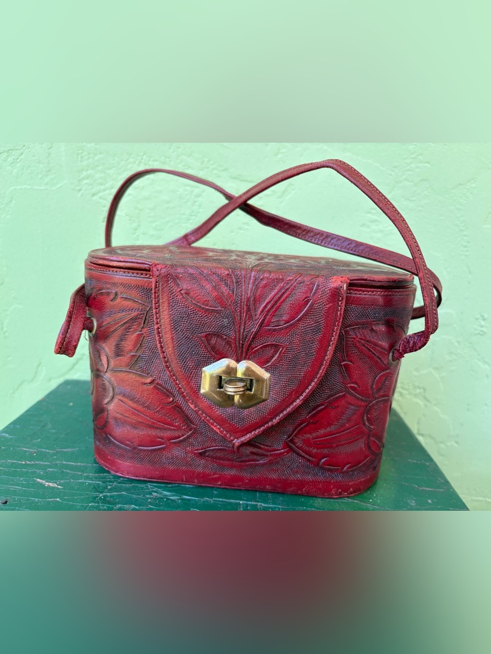 Vintage Red Tooled Leather Mexican handtooled Bag with Turn-Lock Closure